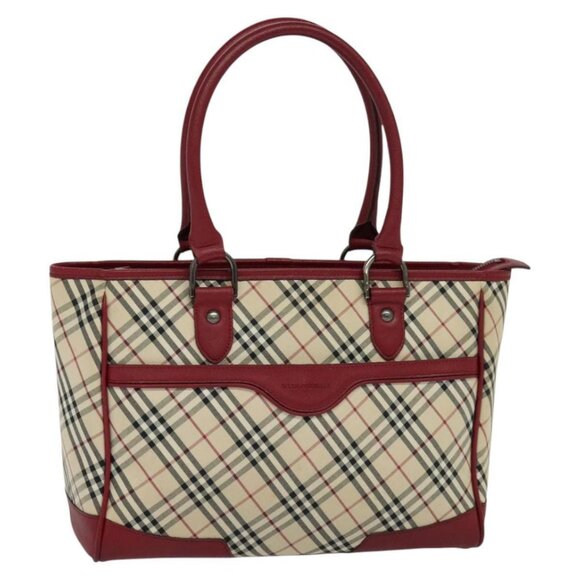 BURBERRY Nova Check Tote Bag Canvas Leather Beige Red